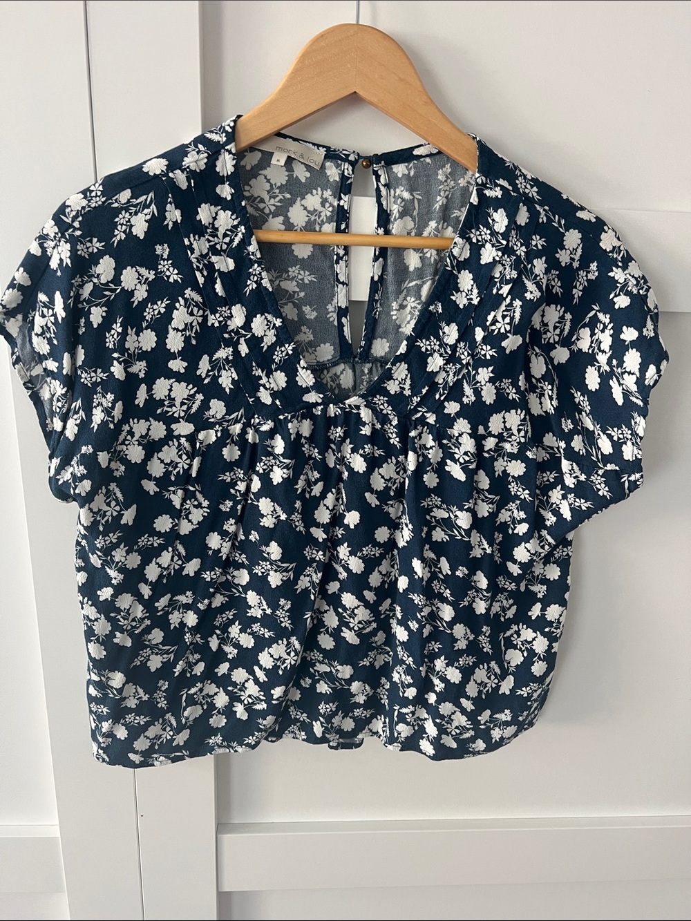 Navy Blue Floral Short-Sleeve V-Neck Blouse